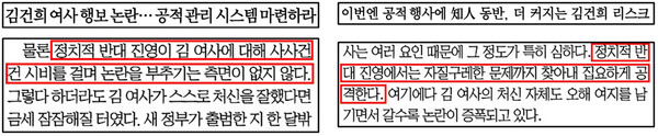 김건희 여사 사적 채용 논란에 야당도 비판한 국민일보(왼쪽)‧문화일보(오른쪽)
