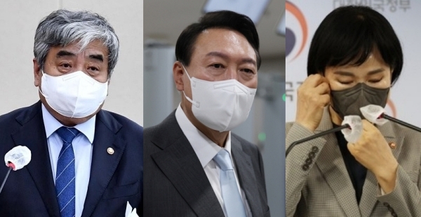 윤석열 대통령(가운데), 한상혁 방송통신위원장(왼쪽), 전현희 국민권익위원장 (사진=연합뉴스)