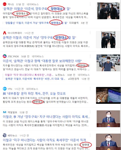 28일 네이버 검색창에 '양천대소'를 검색한 결과