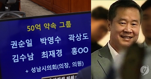 지난 10월 6일 국민의힘 박수영 의원이 국회 정무위원회 국정감사에서 띄운 '50억 클럽' 명단과 홍선근 머니투데이 회장 (사진=연합뉴스)