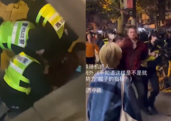 27일 중국 상하이에서 중국 공안이 '제로 코로나 정책' 반대 시위를 취재하는 BBC 기자를 체포해 연행하고 있다. (사진=트위터 캡처)