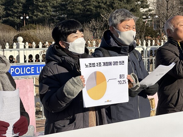 ‘노조법 2·3조 개정 운동본부’가 25일 서울 여의도 국회 앞에서 '노조법2·3조 개정 지연하는 민주당/환노위원장 규탄' 기자회견을 열었다. (사진=미디어스)