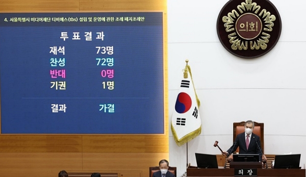 지난해 11월 15일 서울시의회 본회의장에서 김현기 서울시의회 의장이 서울특별시 미디어재단 TBS 설립 및 운영에 관한 조례 폐지조례안 가결을 선포하는 모습 (사진=연합뉴스)