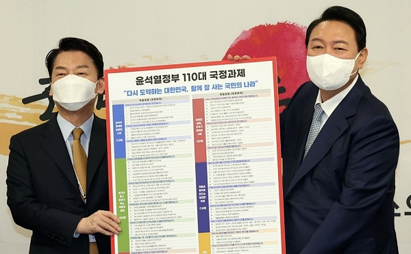 지난해 5월 3일 윤석열 대통령 당선자가 서울 종로구 삼청동 대통령직인수위원회에서 열린 전체 회의에서 안철수 인수위원장으로부터 110대 국정과제를 전달받는 모습 (사진=연합뉴스)