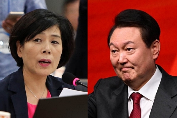 최민희 방송통신위원회 상임위원 내정자(왼쪽)와 윤석열 대통령 (사진=연합뉴스) 