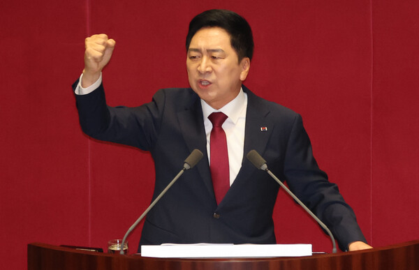 국민의힘 김기현 대표가 20일 국회에서 교섭단체 대표 연설을 하고 있다.(사진=연합뉴스)