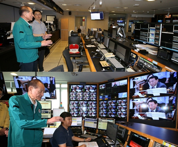 김효재 방통위원장 직무대행이 21일 SBS 목동 사옥에서 재난방송 대응상황을 점검하는 모습 (사진=방송통신위원회)