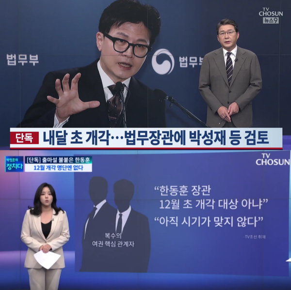 TV조선 11월 17일(위쪽) 단독 보도와 11월 20일 단독 보도 갈무리