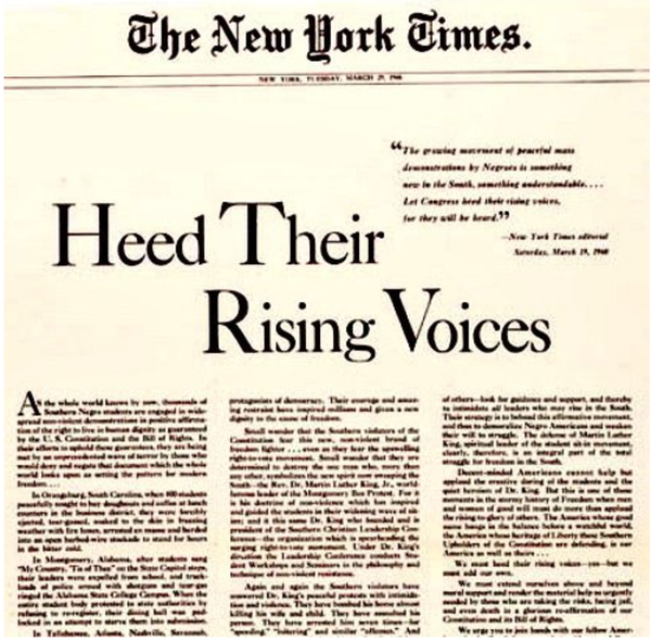 1960년 3월 뉴욕타임즈에 실린 전면광고 "그들의 주장에 귀를 기울여라"(Heed Their Rising Voices)