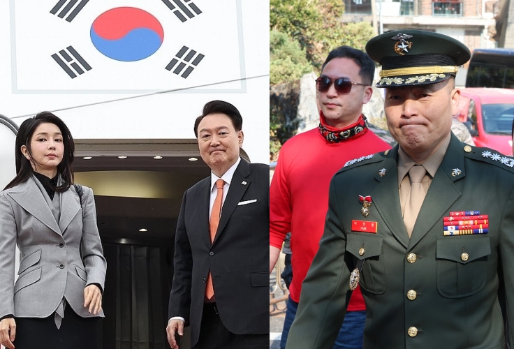 지난해 12월  네덜란드를 국빈 방문하는 윤석열 대통령과 부인 김건희 씨가 출국인사를 하는 모습. 오른쪽은 지난 3월 21일 해병대 채수근 상병 순직사건 수사 이첩 관련 항명 및 상관명예훼손 혐의로 기소된 박정훈 전 수사단장(대령)이 군사법원 3차 공판에 출석하는 모습.(사진=연합뉴스)