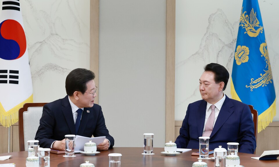 더불어민주당 이재명 대표가 29일 서울 용산 대통령실 집무실에서 열린 윤석열 대통령과의 영수회담에서 발언하고 있다 (사진=연합뉴스)