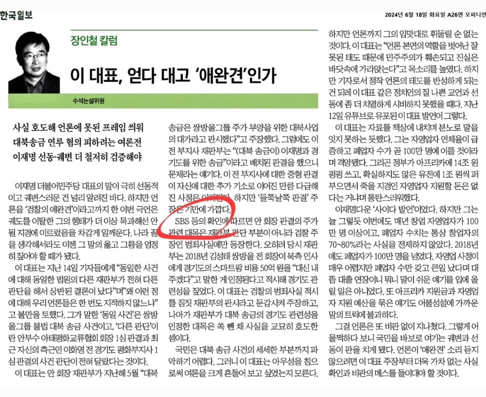 한국일보 '이 대표 얻다 대고 애완견인가' 칼럼 캡쳐  