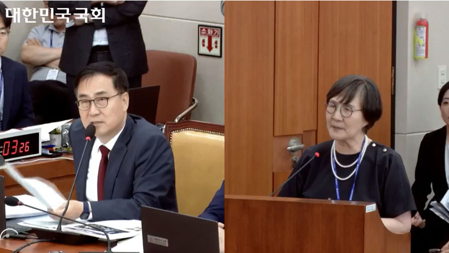 최형두 국민의힘 의원(왼쪽)이 25일 열린 국회 과학기술정보방송통신위원회 전체회의에서 권태선 방송문화진흥회 이사장(오른쪽)에게 질의를 하고 있다.(사진=국회의사중계시스템 갈무리)