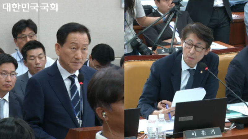 이훈기 민주당 의원(왼쪽)이 지난달 25일 열린 국회 과학기술정보방송통신위원회 전체회의에서 류희림 방통심위원장(오른쪽)에게 질의를 하고 있다. (사진=국회 인터넷의사중계시스템 갈무리)
