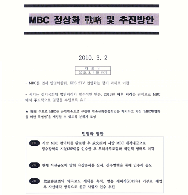2010년 3월 2일 국정원이 작성한 'MBC 정상화 전략 및 추진방안' 중 'MBC 민영화 방안' 갈무리