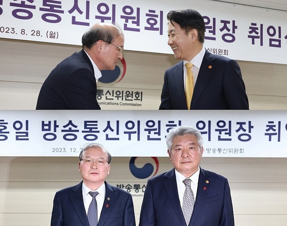 이상인 방통위원장 직무대행이 이동관 전 위원장, 김홍일 전 위원장의 방통위원장 취임식에 참석한 모습 (사진=연합뉴스)
