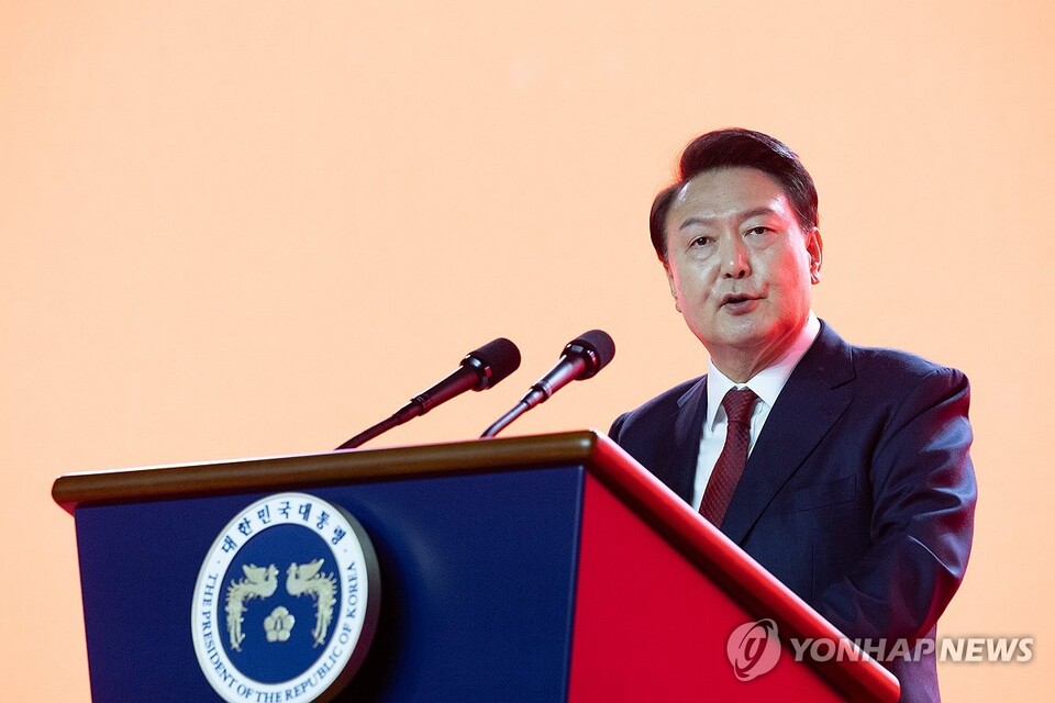 윤석열 대통령이 23일 오후 경기도 고양시 킨텍스에서 열린 국민의힘 제4차 전당대회에 참석해 축사를 하고 있다.(사진=연합뉴스)