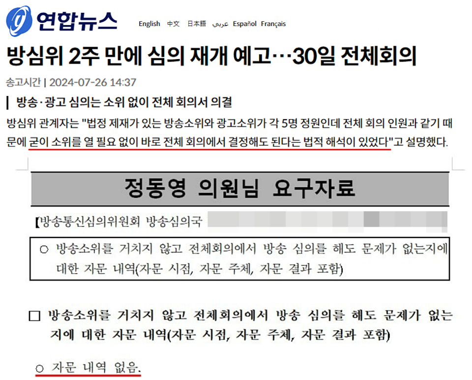 방송통신심의위원회는 지난달 26일 연합뉴스에 소위원회를 열 필요 없이 전체회의에서 방송심의를 진행해도 된다는 법적 해석이 있었다고 말했지만 정작 이와 관련한 어떠한 법률적 자문도 받지 않은 것으로 나타났다