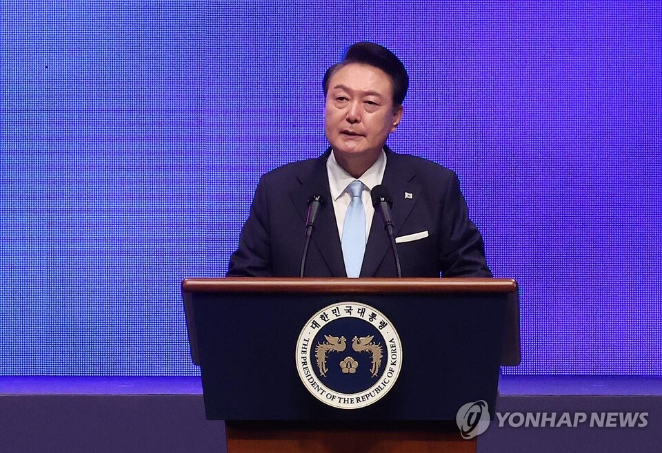 윤석열 대통령이 15일 서울 종로구 세종문화회관에서 열린 제79주년 광복절 경축식에서 경축사를 하고 있다.(사진=연합뉴스)