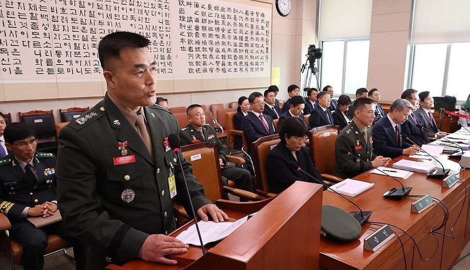 지난 6월 21일 국회 법제사법위원회에서 열린 '순직 해병 진상규명 방해 및 사건은폐 등의 진상규명을 위한 특별검사 임명법'(채상병특검법)에 대한 입법청문회에 증인으로 출석한 박정훈 전 해병대 수사단장이 발언하는 모습 (사진=연합뉴스)