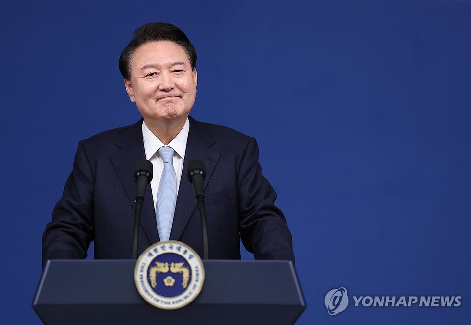 윤석열 대통령이 29일 오전 서울 용산 대통령실 청사 브리핑실에서 '국정브리핑 및 기자회견'을 하고 있다.(사진=연합뉴스)