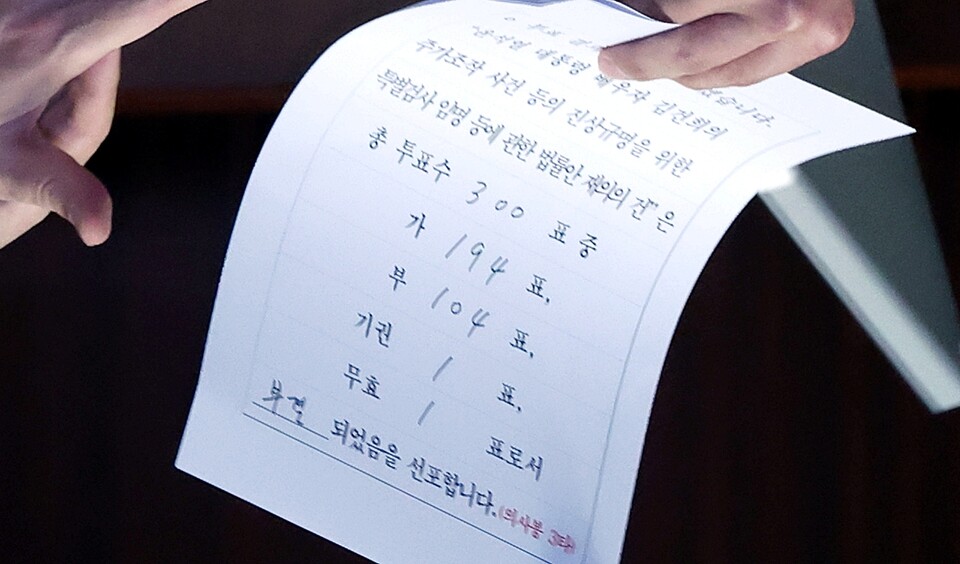 4일 국회 본회의에서 '김건희 특검법' 개표 결과가 의사국장에게 전달되고 있다 (사진=연합뉴스)