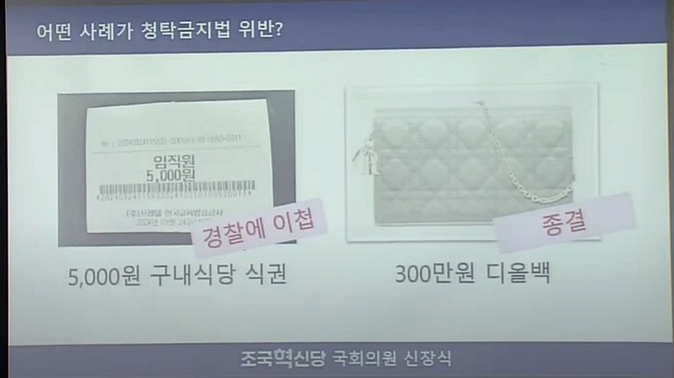 8일 국회 정무위원외에서 열린 국민권익위원회 국정감사에서 조국혁신당 신장식 의원이 띄운 자료화면 (국회방송 유유튜브 갈무리)