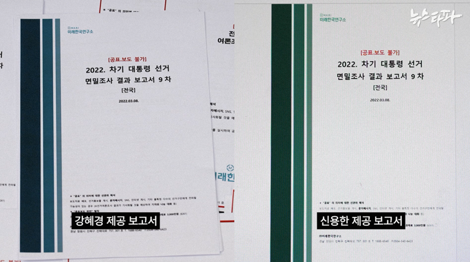 강혜경 씨가 작성한 미래한국연구소 보고서(좌)와 신용한 씨의 외장하드에 담겨 있던 보고서(우)는 제목과 내용은 물론 파일을 만든 날짜까지 정확히 일치했다. (사진=뉴스타파 )