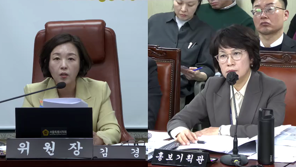 5일 서울시의회 문화체육관광위원회 행정사무감사에서 김경 위원장이 마채숙 서울시 홍보기획관에게 질의하고 있다 (서울시의회 영상회의록)