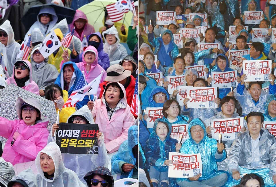 지난 16일  열린 보수·진보 진영 도심집회. 전국안보시민단체연합 등 보수단체 회원들이 서울 세종대로에서 집회를(왼쪽), '김건희·윤석열 국정농단 규탄 및 특검 촉구 3차 집회'에서 참가자들이 광화문 인근에서 집회를 하고 있다 (사진=연합뉴스)