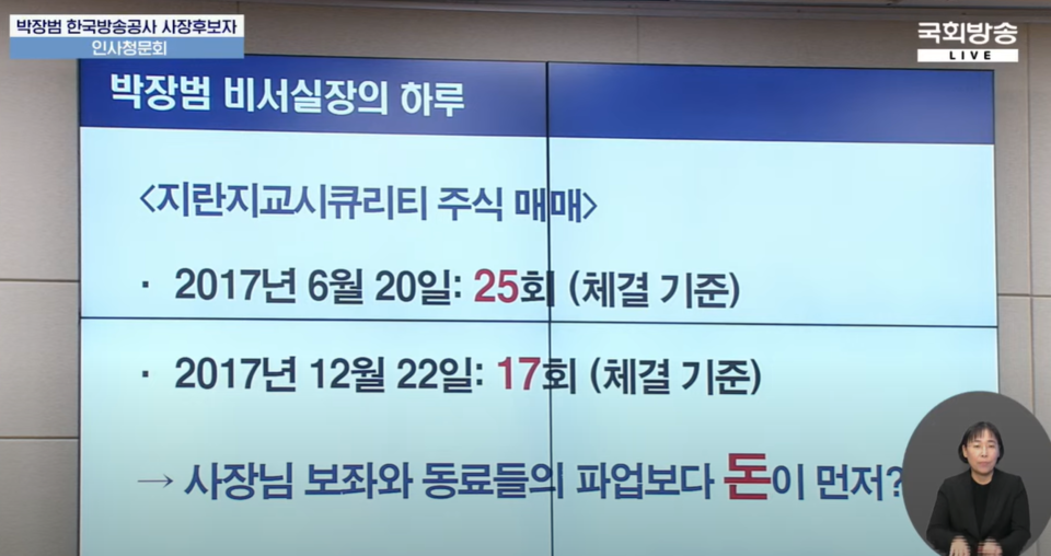 18일 국회 과학기술정보방송통신위원회에서 열린 박장범 KBS 사장 후보자 인사청문회 (국회방송 중계화면 갈무리)