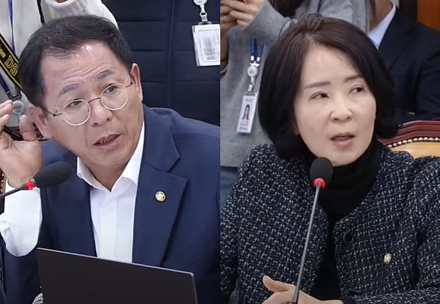 18일 국회 과학기술정보방송통신위원회에서 열린 박장범 KBS 사장 후보자 인사청문회에서 국민의힘 이상휘(왼쪽), 최수진 의원이 질의하고 있다 (국회방송 중계화면 갈무리)