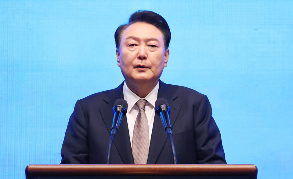 윤석열 대통령이 22일 서울 중구 신라호텔에서 열린 제56회 국가조찬기도회에서 인사말을 하고 있다.(사진=연합뉴스)