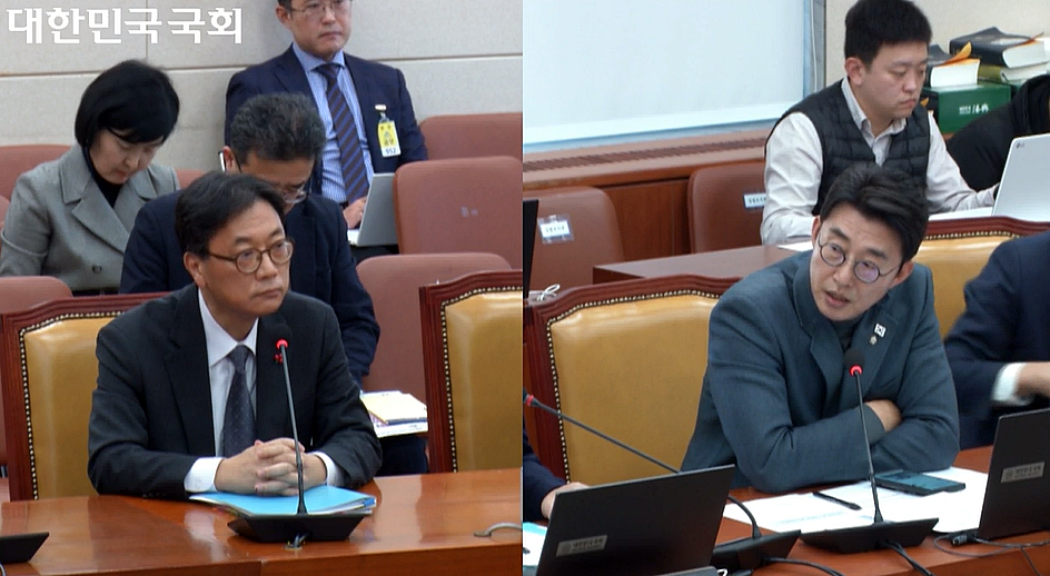 9일 열린 국회 과학기술정보방송통신위원회 전체회의에서 더불어민주당 노종면 의원(오른쪽)이 방송통신위원회 조성은 사무처장에게 질의하고 있다 (국회 의사중계시스템)