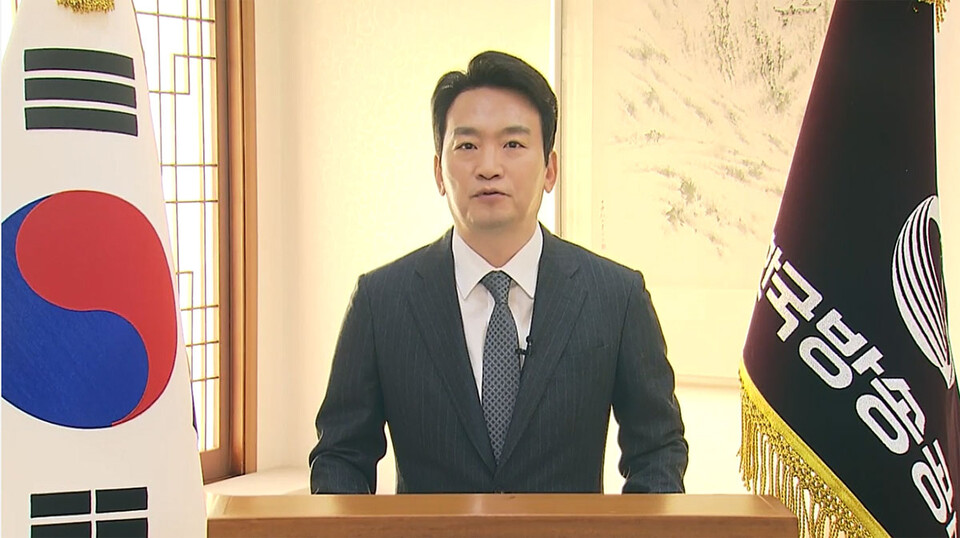 박장범 사장이 10일 녹화 방송으로 취임사를 하고 있다.(사진=언론노조 KBS본부)