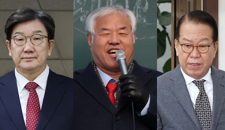 (왼쪽부터)국민의힘 권성동 원내대표, 전광훈 사랑제일교회 목사, 국민의힘 권영세 비대위원장 (사진=연합뉴스)
