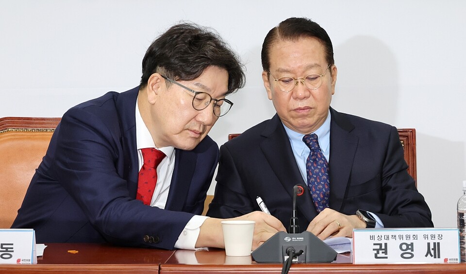 국민의힘 권영세 비상대책위원장(오른쪽)과 권성동 원내대표가 3일 국회에서 열린 비상대책위원 회의에서 대화하고 있다 (사진=연합뉴스)