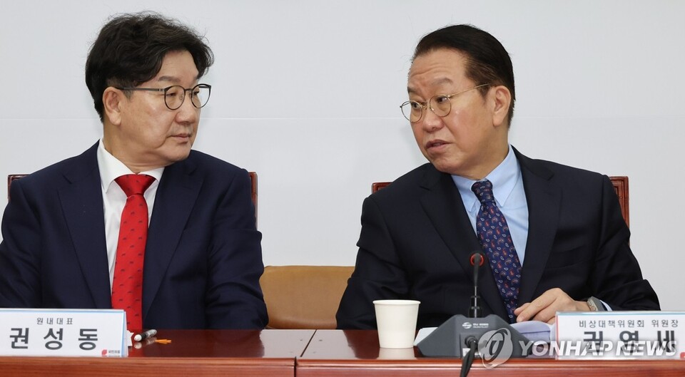 국민의힘 권영세 비상대책위원장이 3일 서울 여의도 국회에서 열린 비상대책위원 회의에서 권성동 원내대표와 대화하고 있다. (서울=연합뉴스)