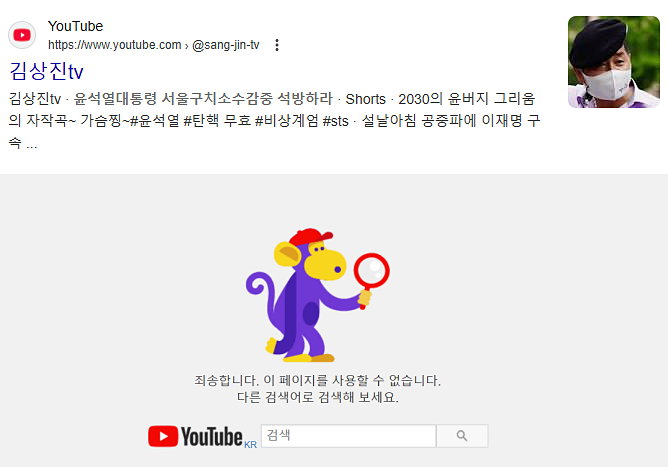 유튜브 '김상진TV' 폐쇄 조치 (구글 검색 화면)