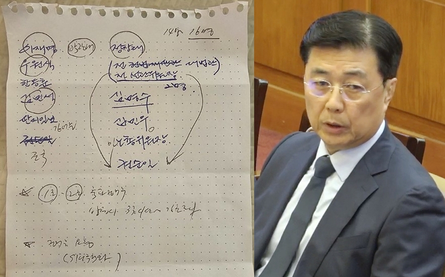 12·3 비상계엄 당시 홍장원 전 국가정보원 1차장이 여인형 전 국군방첩사령관과 통화한 내용을 정리해서 기록한 메모 (박선원 의원실=연합뉴스)