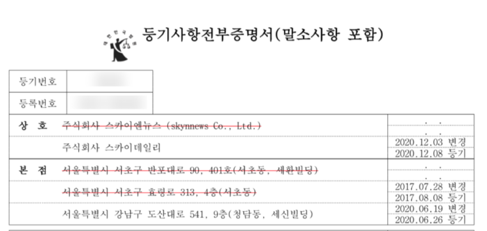 스카이데일리 법인등기부등본