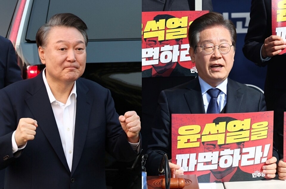 지난달 8일 서울구치소에서 석방된 윤석열 대통령(왼쪽)과 지난달 31일 광화문 천막당사에서 구호를 외치는 이재명 더불어민주당 대표 (사진=연합뉴스)