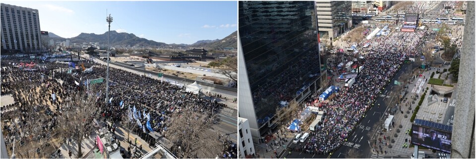 지난달 29일 서울 종로구 광화문 일대에서 윤석열 대통령 찬반 집회가 열리고 있다. 왼쪽은 윤석열 즉각 퇴진 사회대개혁 17차 범시민대행진, 오른쪽은 자유통일당 탄핵 반대 집회 (사진=연합뉴스)