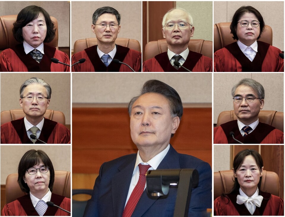 헌법재판소는 4일 오전 11시 서울 종로구 헌법재판소에서 윤석열 대통령 탄핵심판을 선고한다. 윤 대통령을 파면하거나 직무에 복귀시키는 헌재 결정의 효력은 재판장이 주문을 읽는 즉시 발생한다.사진 윗줄 왼쪽부터 시계방향으로 헌법재판소 대심판정에 앉은 정계선, 문형배, 정형식, 김복형, 조한창, 정정미 헌법재판관, 윤 대통령, 이미선, 김형두 헌법재판관. (공동취재단=연합뉴스)
