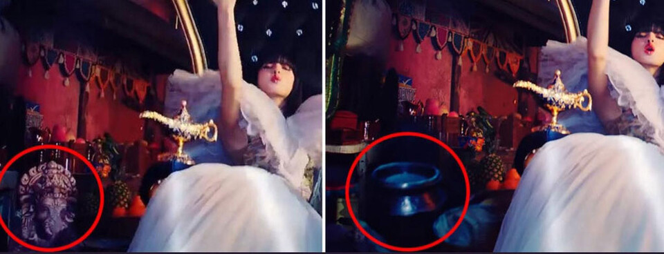 블랙핑크 뮤직비디오 '하우 유 라이크 댓' 편집 전과 후 (힌두교 신 가네샤의 모습이 있는 블랙핑크의 뮤비(왼쪽)와 삭제된 후의 장면) [네티즌 트위터 캡처]