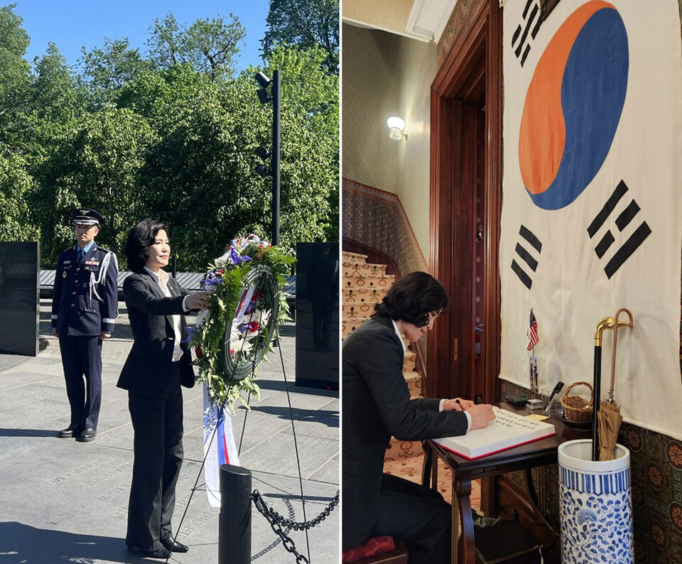 이진숙 방송통신위원회 위원장이 29일 미국 워싱턴DC 한국전쟁 참전용사 기념비에서 헌화하고 있고, 주미 대한제국공사관에서 방명록을 작성하고 있다.(사진=방통위)