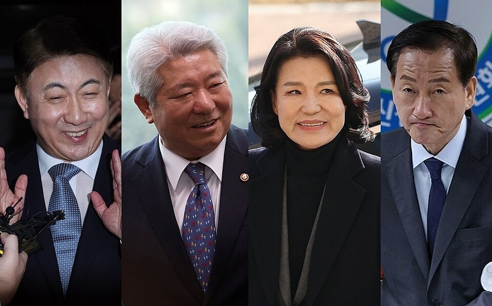 (왼쪽부터) 이동관 전 방통위원장, 김홍일 전 방통위원장, 이진숙 방통위원장, 류희림 방통심의위원장 (사진=연합뉴스)