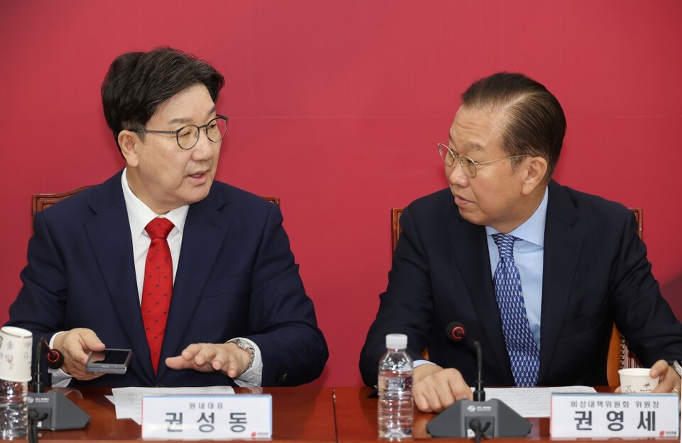 지난 8일 당시 국민의힘 권영세 비상대책위원장과 권성동 원내대표가 국회에서 열린 비상대책위원회의에서 대화하는 모습 (사진=연합뉴스)