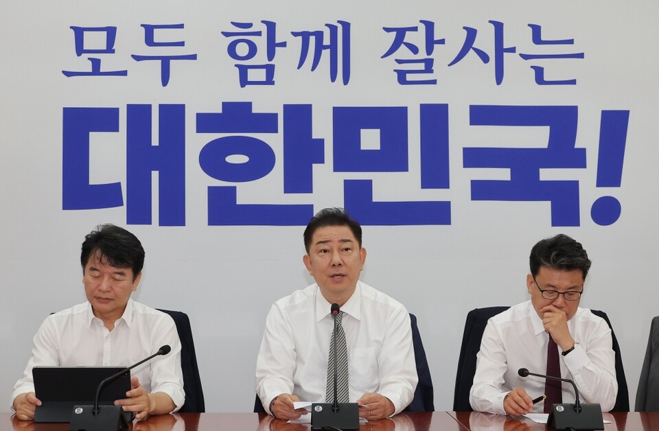 더불어민주당 김병기 당대표 직무대행 겸 원내대표가 19일 서울 여의도 국회에서 열린 정책조정회의에 참석해 발언하고 있다 (사진=연합뉴스)