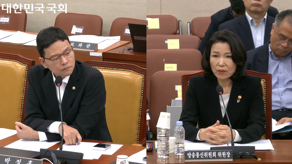 27일 열린 국회 과학기술정보방송통신위원회 전체회의에서 박정훈 국민의힘 의원의 질의에 이진숙 방송통신위원장이 답변하고 있다 (국회 의사중계시스템)